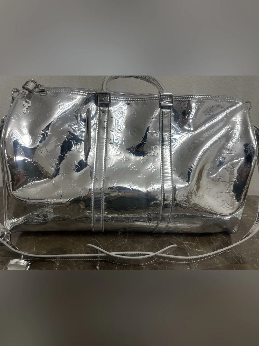 Silver Duffle Handbag Zip Closure Silver Hardware Inner Pocket